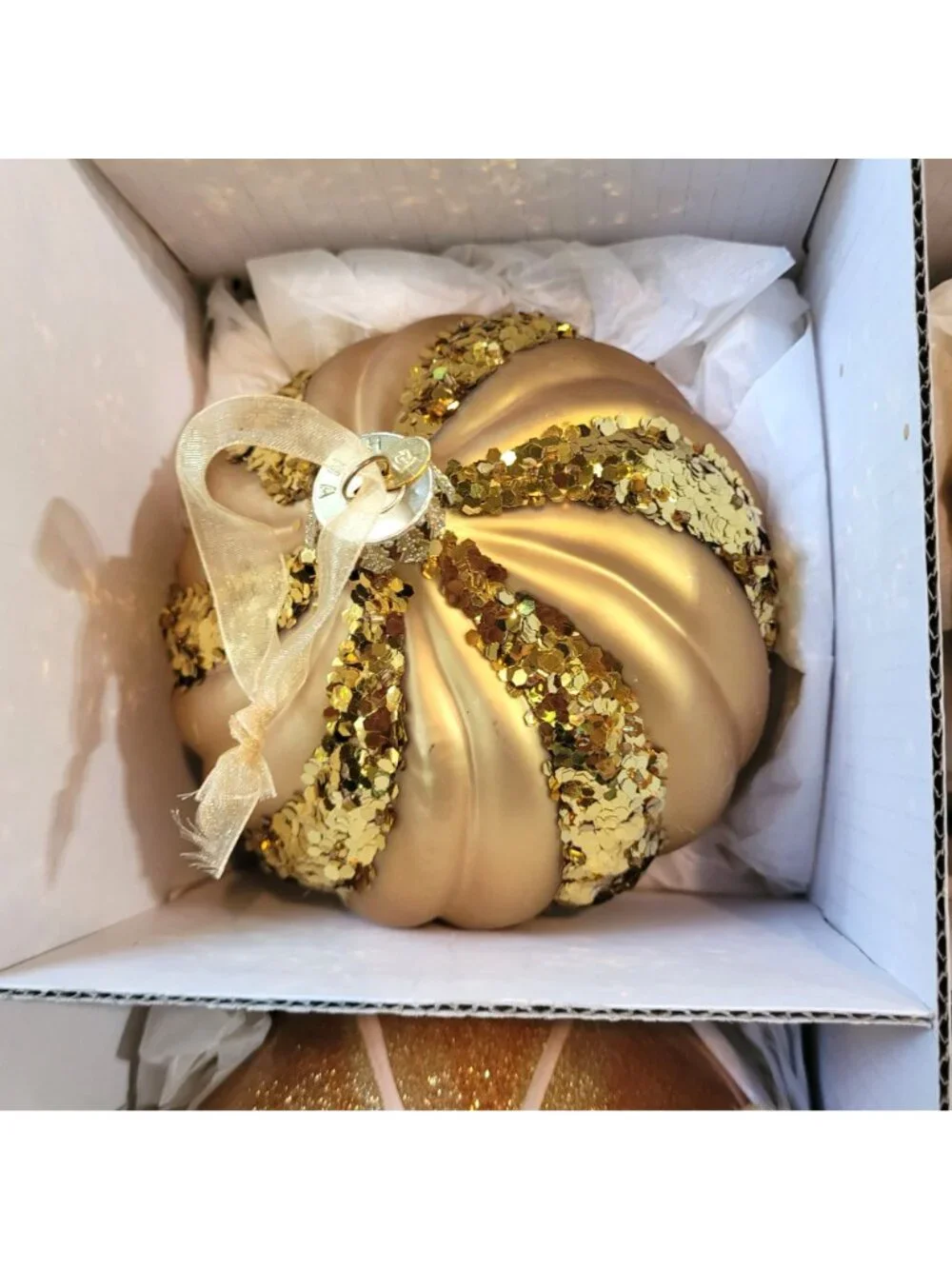Frontgate Christmas Ornament 15 Pc Gold Glass Glitter Baubles Finial Teardrop